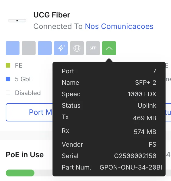 UniFi Network SFP+ port panel showing the UCG Fiber connected to the ISP with the GPON-ONU-34-20BI vendor, serial, and part number reported